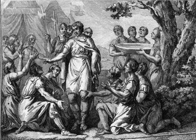 Indvielse af Pharamond (5. århundrede): Helligdommen for kongen af Francs Pharamond (eller Pharamun eller Faramund eller Paramund). Stik af det 18. århundrede. af French School