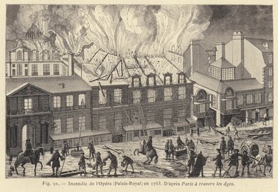 Brand ved Operaen, Palais-Royal, i 1763 (gravering) af French School