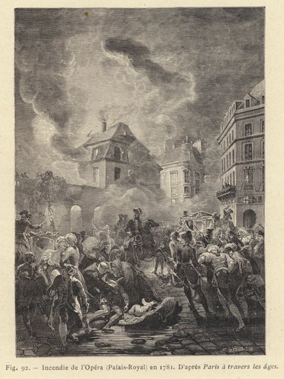 Brand i Operaen, Palais-Royal, i 1781 (gravering) af French School