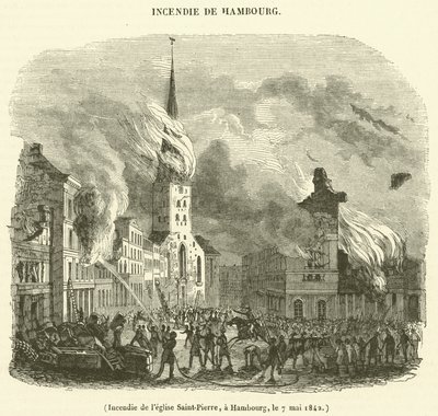 Brand i St. Peter-kirken, Hamborg, 7. maj 1842 (gravering) af French School