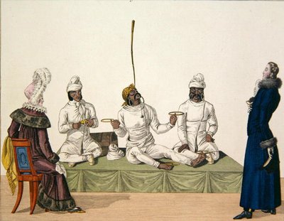 Indiske jonglører udfører en balancegang, planche 87 fra "le Bon Genre", ca. 1810 (farvestik) af French School