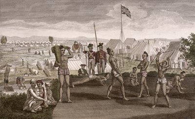Indiske krigere træner med udsigt over den engelske beboerlejr, ca. 1810 af French School