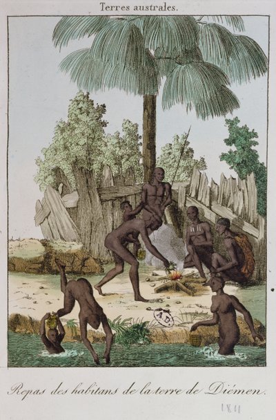 Indbyggere i Diemen forbereder et måltid, 1811 af French School