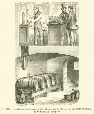Installation af en ølpumpe fyldt med en beholder med kulsyregas af M Hermann-Lachapelle (gravering) af French School