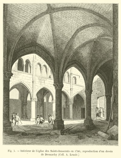 Interiør af de hellige-uskyldiges kirke i 1786; gengivelse af en tegning af Desmachy, Coll A Lenoir af French School