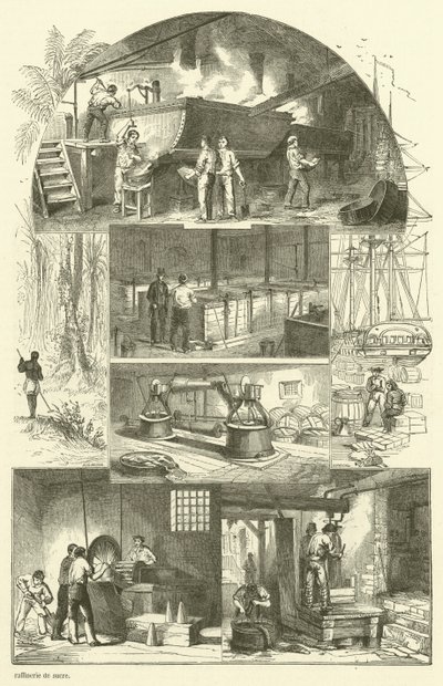 Interiør af et sukkerraffinaderi (gravering) af French School