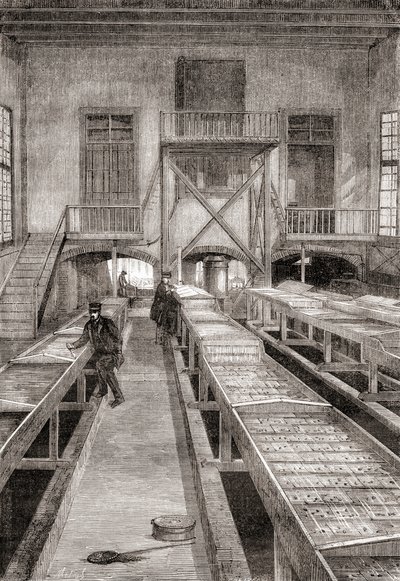 Interiør af en fiskefarm fra det 19. århundrede i Huningue, Frankrig, fra Les Merveilles de la Science, udgivet ca. 1870 (gravering) af French School