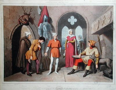 Interiør af et slot i Vogeserne i det fjortende århundrede (farve litho) af French School