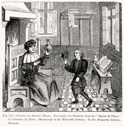 Interiør af et lægehus, fra Epistre dOthea af Christine de Pisan, illustration fra videnskab og litteratur i middelalderen og renæssancen, skrevet og indgraveret af Paul Lacroix, 1878 (gravi af French School