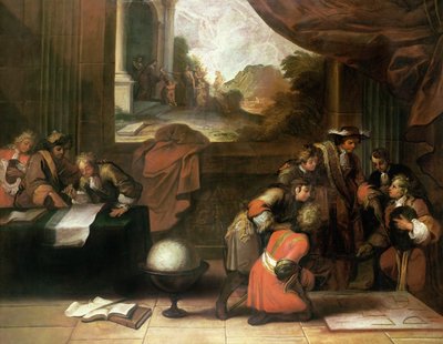 Interiør af et rum med geografer og matematikere, ca. 1680-90 af French School