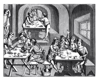 Interiør af et herberg, efter et træsnit i en folioudgave af Virgil, udgivet Lyons, 1517 af French School