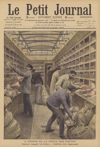 Interiør af en postvogn på et fransk tog (farve litho) af French School