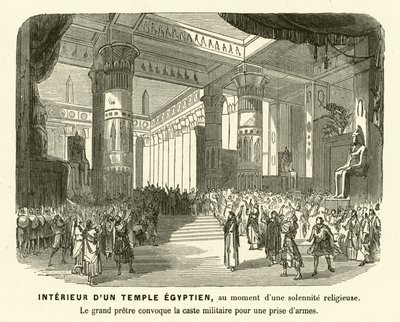 Interiør af et gammelt egyptisk tempel under en gudstjeneste (gravering) af French School