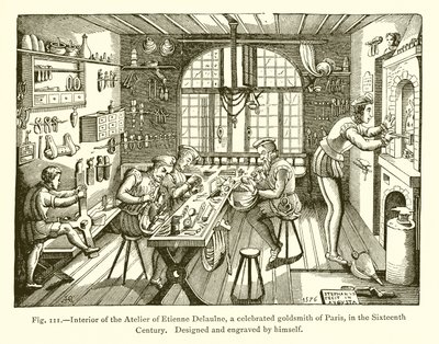 Interiør af Atelier of Etienne Delaulne, en berømt guldsmed i Paris, i det sekstende århundrede af French School