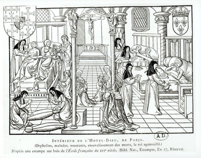 Interiør af Hotel Dieu hospital (xylograf) af French School