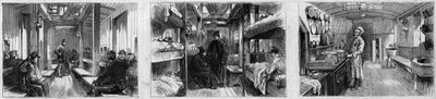 Indvendigt billede af ambulancevognen og køkkenvognen af et lægetog fra det franske Societe de secours aux weses militaires. Indgravering i "" Le Monde Illustré"" nr. 846 af 28. juni 1873. af French School
