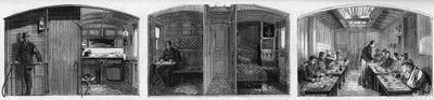 Indvendigt billede af lægevognen og spisevognen til et lægetog fra det franske Societe de secours aux weses militaires. Indgravering i "" Le Monde Illustré"" nr. 846 af 28. juni 1873. af French School