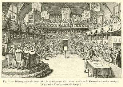 Forhør af Ludvig XVI, 26. december 1792, i Salle de la Convention, tidligere rideskole, Faksimile af en gravering fra tiden af French School