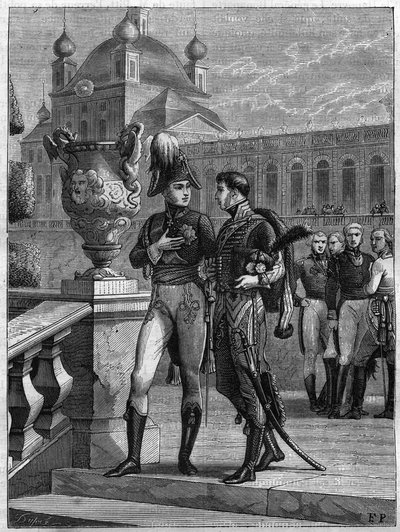 Interview af Alexander I af Rusland (1777-1825) og Michel Duroc (1772-1813) i Sankt Petersborg i april 1801 - Indgravering af 1865 i "Histoire du Consulate et de la Empire" af Louis Adolphe Thiers - Samtale mellem kejser Alexander I af Rusland (1777- af French School
