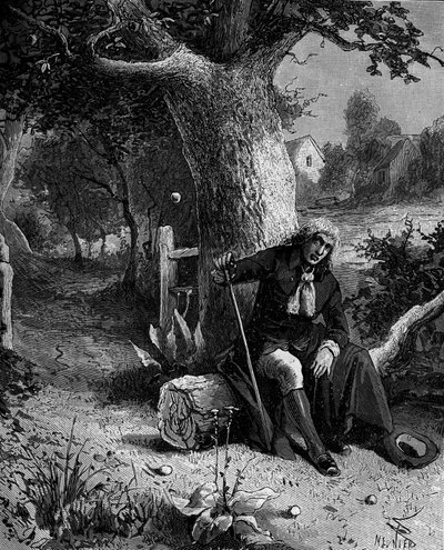 Isaac Newton (1642-1727), engelsk matematiker og astronom, opdager forestillingen om jordens tyngdekraft gennem et æble, der falder fra et æbletræ i Woolsthorpe. af French School