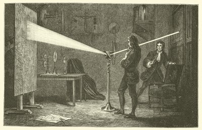 Isaac Newton nedbryder lys (gravering) af French School