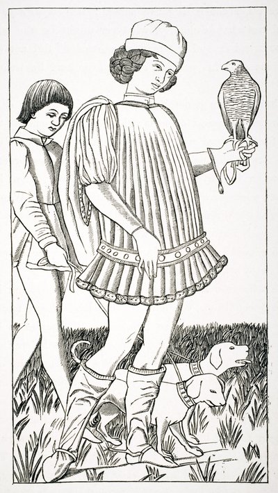 Italiensk adelsmand holder en høg, efter et spillekort indgraveret på kobber, ca. 1460, fra 
