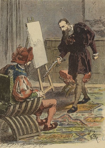 Den italienske maler Tintoretto nærmer sig Pietro Aretino, bevæbnet med en pistol, for at tage hans mål til hans portræt af French School