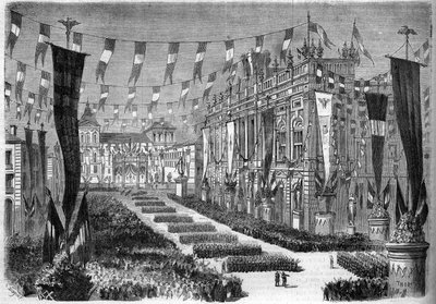 Italiensk forening, Torino, 2. april 1860: udsmykning af slotspladsen (Piazza Castello) i anledning af åbningen af det italienske parlament. Indgravering i "" Le Monde Illustré"" nr. 157 af 14. april 1860. af French School