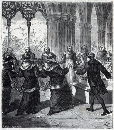 JEAN ANTOINE NOLLET (1700-1770) gav en elektrisk hjernerystelse til de religiøse i et kloster i karteusisk - Indgravering i "" Videnskaber bragt til alle - fysik og kemi"" af Alexis Clerc - Sent i det 19. århundrede - Privat samling af French School