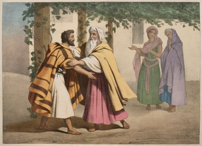 Jacob med Laban og hans døtre, illustration fra en katekismus LHistoire Sainte, udgivet af Charles Delagrave, Paris, slutningen af det 19. århundrede af French School