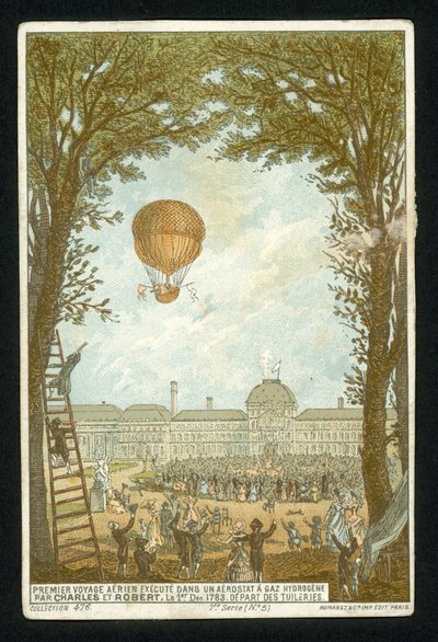Jacques Charles og Marie-Noel Robert foretager den første opstigning i en brintballon, Paris, 1. december 1783 af French School