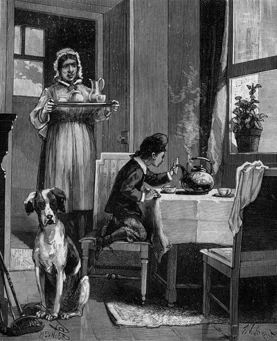 James Watt (1736-1819), et barn, der opdager dampens love. af French School