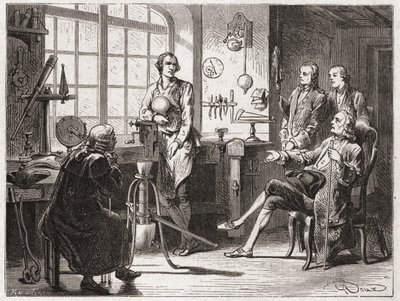 James Watt (opfinder af dampmaskinen i 1769) i sin butik i Glascow - i "" Album of Science; berømte videnskabsmænd; Store opdagelser””” 1896. af French School