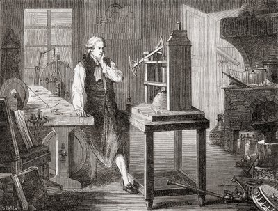 James Watt i sit Glasgow-værksted forbedrede Thomas Newcomens 1712 Newcomen-dampmaskine med sin Watt-dampmaskine i 1781, fra Les Merveilles de la Science, pub.1870. af French School