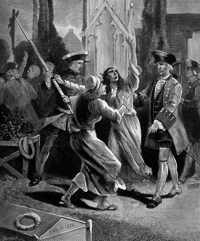 Jansenisme: kramperne (jansenistiske fanatikere) jager fra kirkegården Saint Medard under Ludvig XV. af French School