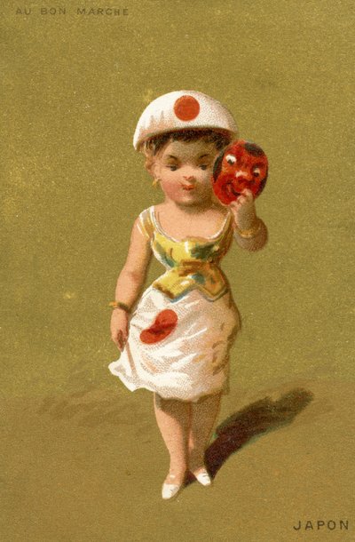 Japansk pige, fra en række illustrationer af børn fra forskellige lande, produceret som salgsfremmende kort til Bon Marché-varehuset i Paris, ca. 1890 af French School