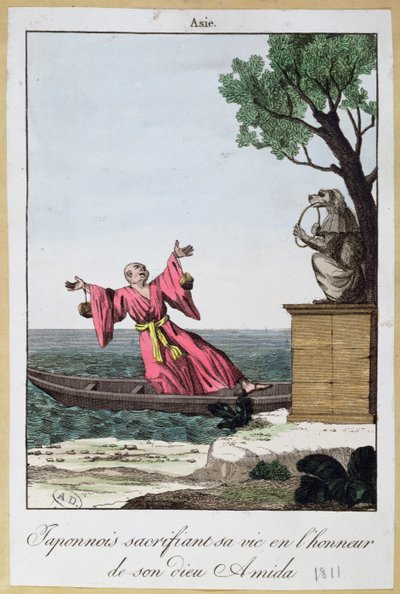 Japansk mand ofrer sit liv til ære for guden Amida, 1811 (farve litho af French School
