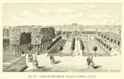 Garden of the Palais-Royal, udsigt taget fra paladset, i 1774 af French School