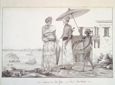 Indbyggere på Java-øen på vej til Surabaya, Illustration fra Verdensrejse af Louis Isidore Duperrey, af L F Lejeune af French School