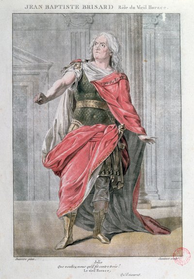 Jean Baptiste Brisard i rollen som Vieil Horace i tragedien Horace af Corneille (farvegravering) af French School