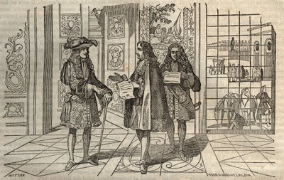 Jean Baptiste Colbert (Jean-Baptiste) (1619-1683) i møde med kong Ludvig XIV og Francois Louvois (1641-1691) i Versailles - gravering efter Leclerc - af French School