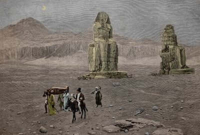 Jean Francois Champollion ved Memnon-kolosserne i Egypten (kobberstik) af French School