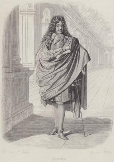 Jean Racine, fransk dramatiker, i Spejlsalen i Versailles (gravering) af French School