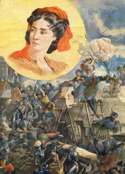 Jeanne Laisne (1456-?), kendt som Jeanne Fourquet, med tilnavnet Jeanne Hachette Heroine francaise - Jeanne Hachette ved belejringen af ​​Beauvais 1472 - Illustration til Le petit Journal, 8. januar 1894 af French School