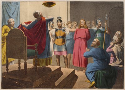 Jesus Kristus før Kaifas, illustration fra en katekismus LHistoire Sainte, udgivet af Charles Delagrave, Paris, slutningen af det 19. århundrede af French School
