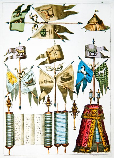 Jødiske symboler, flag og Tora (farve litho) af French School