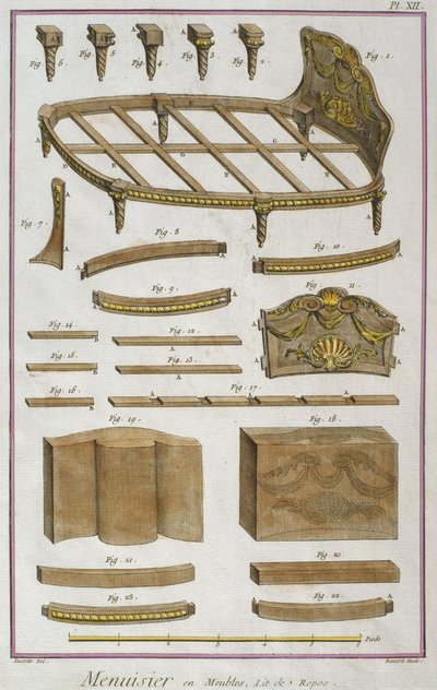 Snedker, en sofa, illustration fra Encyclopedie des Sciences et Metiers af Denis Diderot (1713-84) indgraveret af Robert Benard (fl.1734) udgivet ca. 1770 (farvegravering) af French School