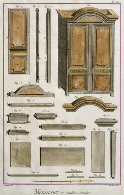 Snedker, et skab, illustration fra Encyclopedie des Sciences et Metiers af Denis Diderot (1713-84) indgraveret af Robert Benard (fl.1734) udgivet ca. 1770 (farvegravering) af French School