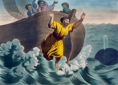 Jonah kastet i havet, illustration fra en katekismus LHistoire Sainte, udgivet af Charles Delagrave, Paris, slutningen af det 19. århundrede af French School