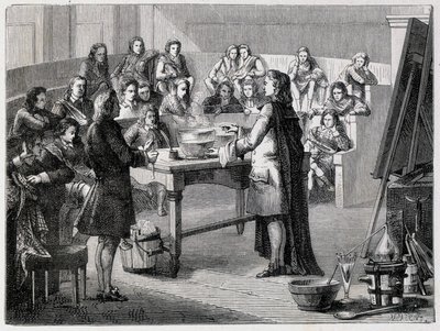 Joseph Black (1728 - 1799), britisk kemiker og fysiker, oplever den latente kalorieindhold før de studerende på University of Glascow af French School